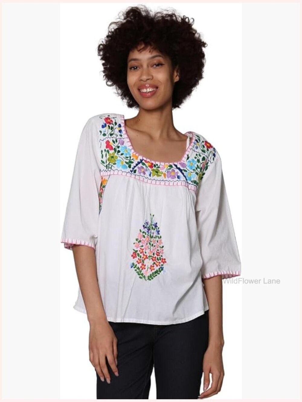 Women's Cotton Hand-Embroidered Square Neck Pull On Tunic Blouse